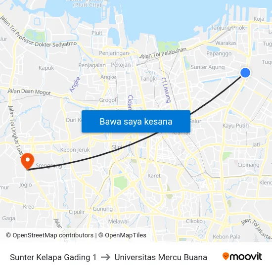 Sunter Kelapa Gading 1 to Universitas Mercu Buana map