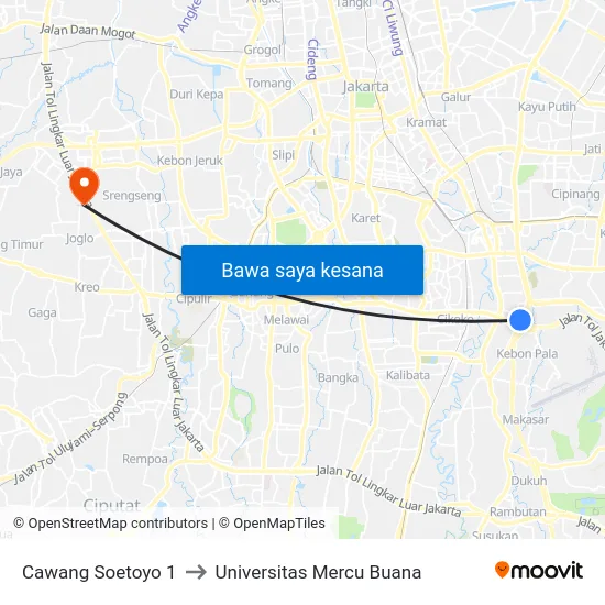 Cawang Soetoyo 1 to Universitas Mercu Buana map