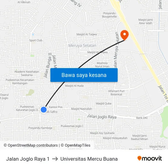 Jalan Joglo Raya 1 to Universitas Mercu Buana map