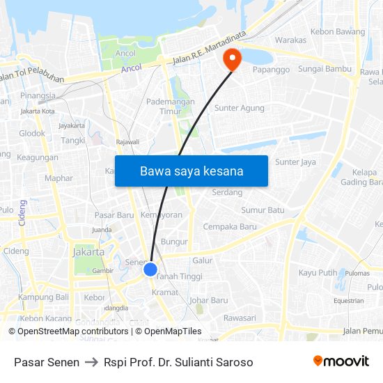 Pasar Senen to Rspi Prof. Dr. Sulianti Saroso map