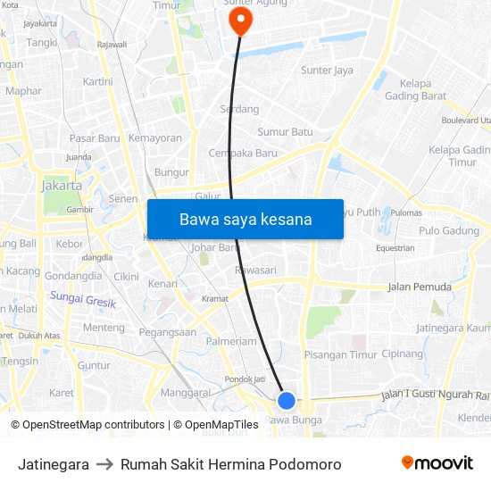 Jatinegara to Rumah Sakit Hermina Podomoro map