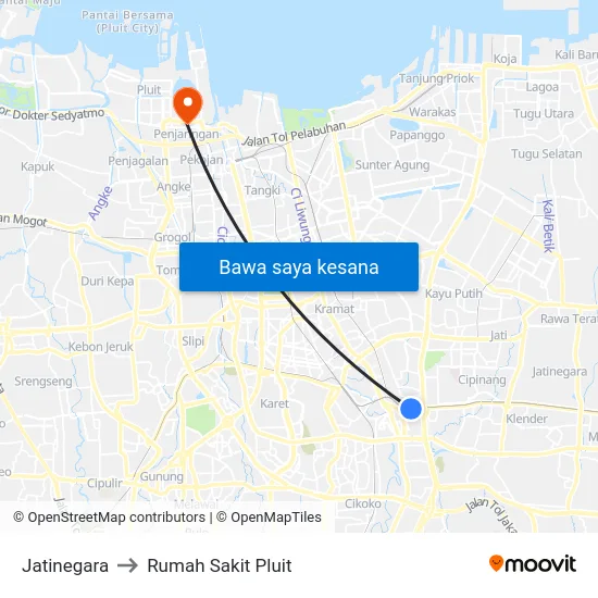 Jatinegara to Rumah Sakit Pluit map