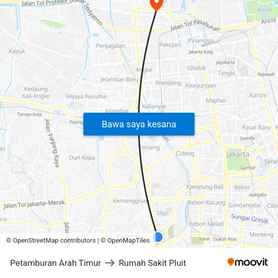 Petamburan Arah Timur to Rumah Sakit Pluit map
