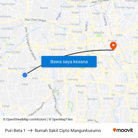 Puri Beta 1 to Rumah Sakit Cipto Mangunkusumo map