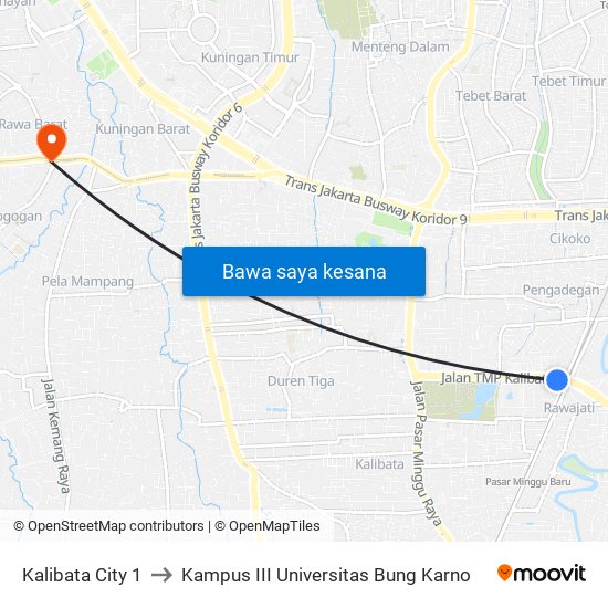 Kalibata City 1 to Kampus III Universitas Bung Karno map