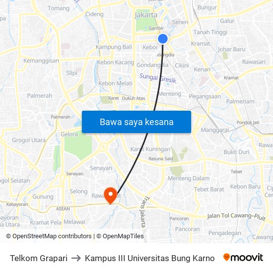 Telkom Grapari to Kampus III Universitas Bung Karno map