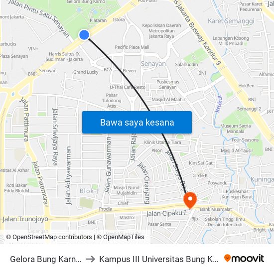 Gelora Bung Karno 2 to Kampus III Universitas Bung Karno map