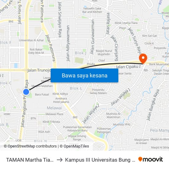 TAMAN Martha Tiahahu to Kampus III Universitas Bung Karno map