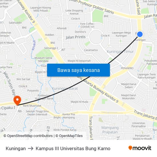 Kuningan to Kampus III Universitas Bung Karno map