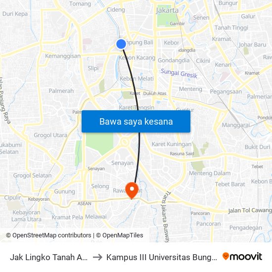 Jak Lingko Tanah Abang to Kampus III Universitas Bung Karno map