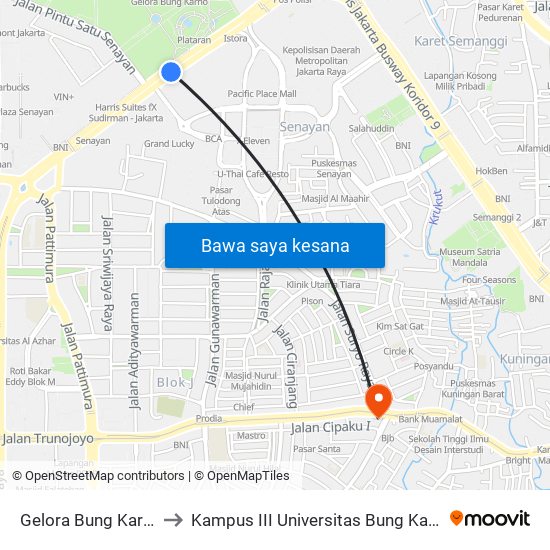 Gelora Bung Karno to Kampus III Universitas Bung Karno map