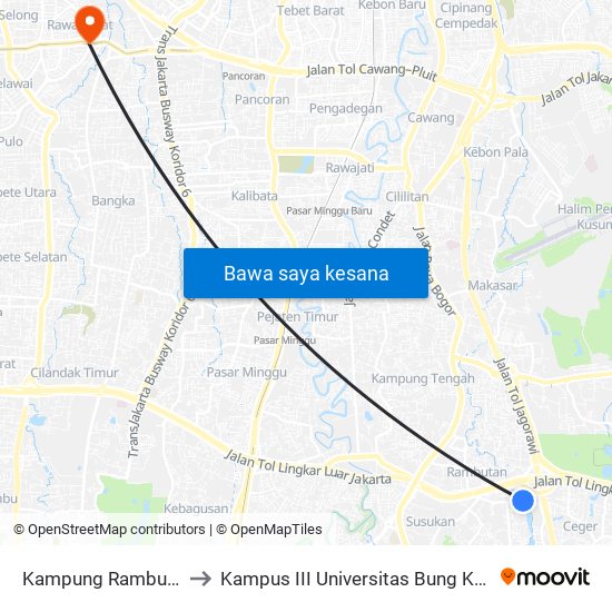 Kampung Rambutan to Kampus III Universitas Bung Karno map