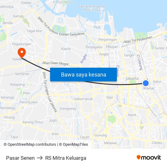 Pasar Senen to RS Mitra Keluarga map