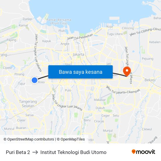 Puri Beta 2 to Institut Teknologi Budi Utomo map
