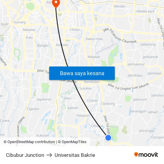 Cibubur Junction to Universitas Bakrie map