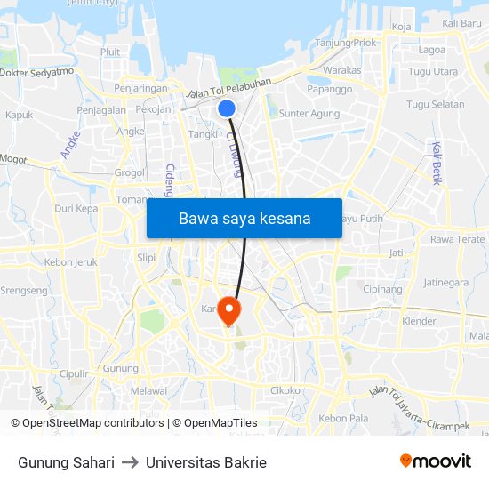 Gunung Sahari to Universitas Bakrie map