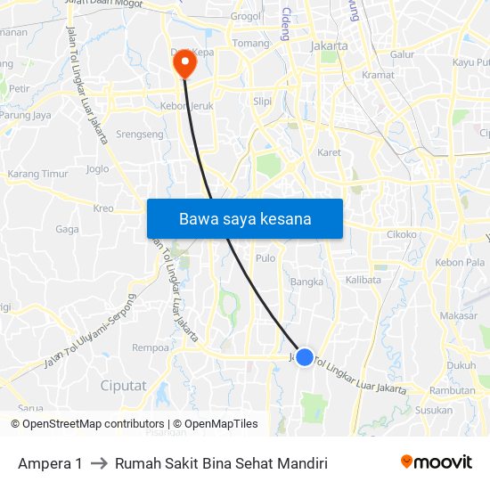 Ampera 1 to Rumah Sakit Bina Sehat Mandiri map