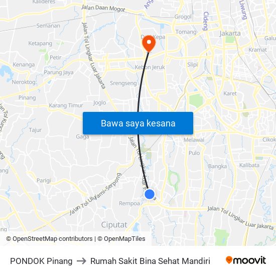 PONDOK Pinang to Rumah Sakit Bina Sehat Mandiri map