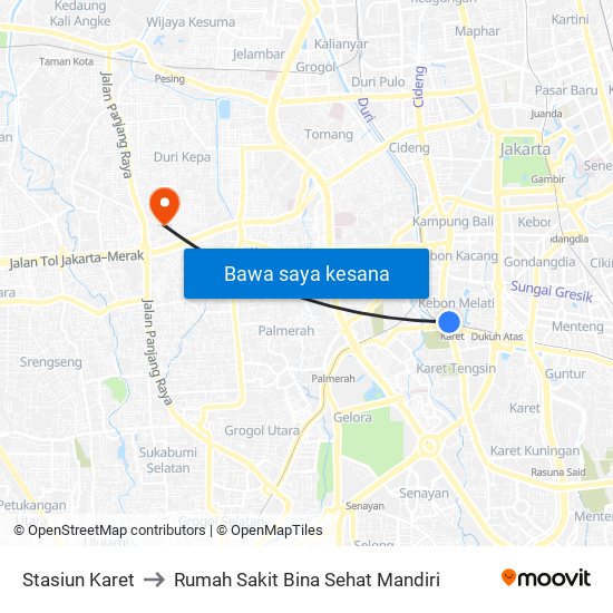 Stasiun Karet to Rumah Sakit Bina Sehat Mandiri map