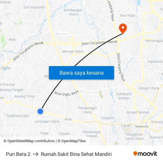 Puri Beta 2 to Rumah Sakit Bina Sehat Mandiri map