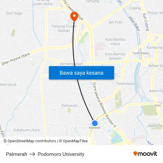 Palmerah to Podomoro University map