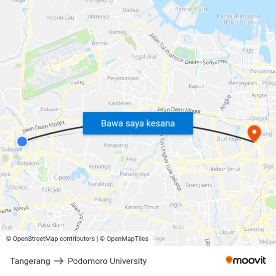 Tangerang to Podomoro University map