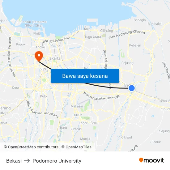 Bekasi to Podomoro University map
