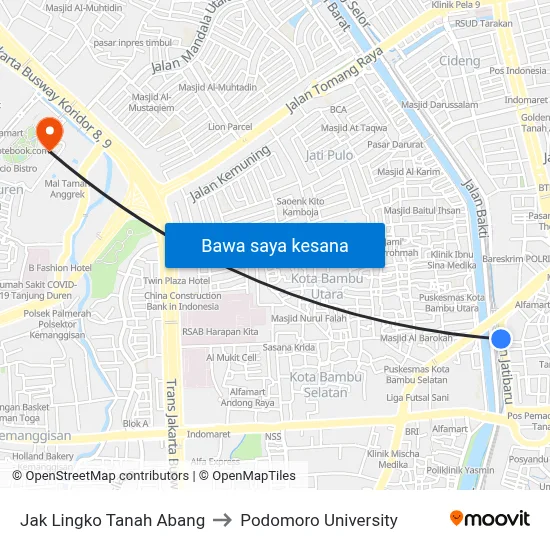 Jak Lingko Tanah Abang to Podomoro University map
