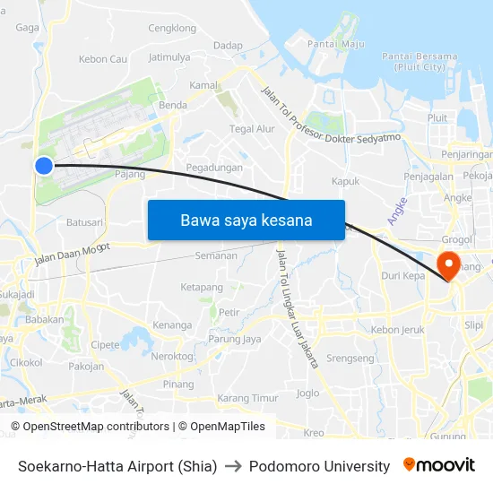 Soekarno-Hatta Airport (Shia) to Podomoro University map