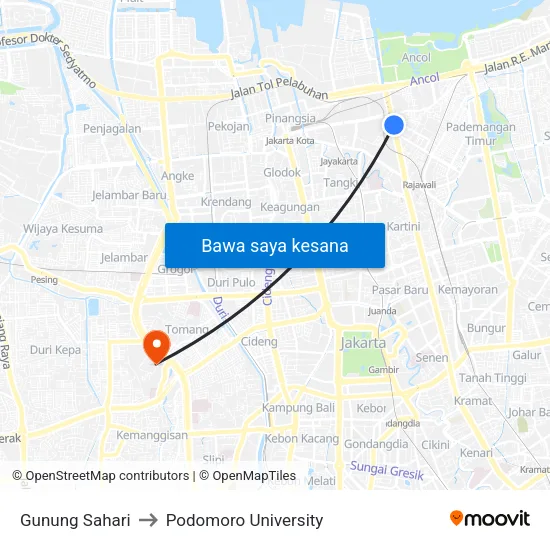 Gunung Sahari to Podomoro University map