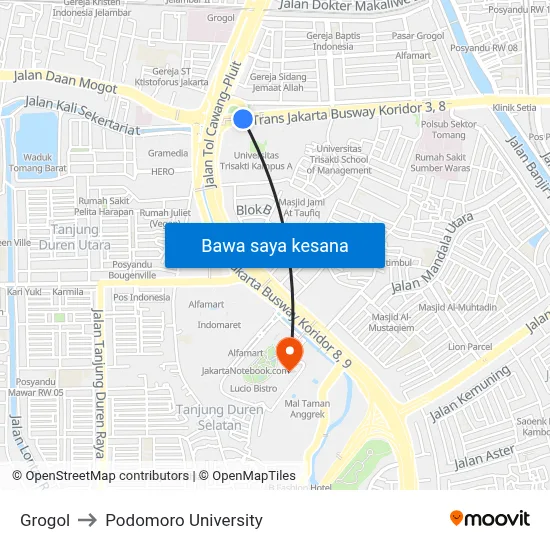 Grogol to Podomoro University map