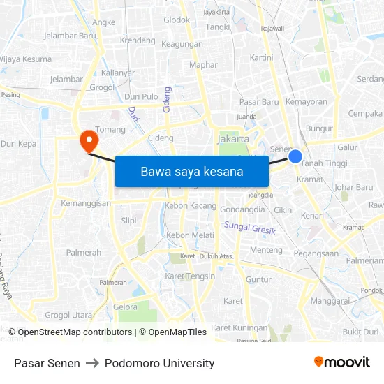 Pasar Senen to Podomoro University map