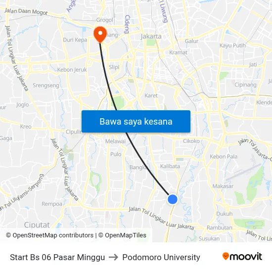Start Bs 06 Pasar Minggu to Podomoro University map