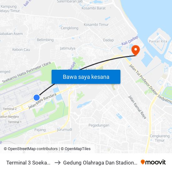 Terminal 3 Soekarno-Hatta to Gedung Olahraga Dan Stadion Kamal Muara map