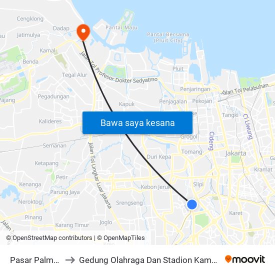 Pasar Palmerah to Gedung Olahraga Dan Stadion Kamal Muara map