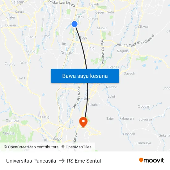 Universitas Pancasila to RS Emc Sentul map