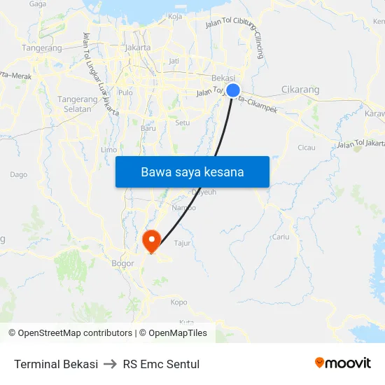 Terminal Bekasi to RS Emc Sentul map