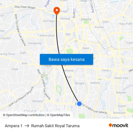 Ampera 1 to Rumah Sakit Royal Taruma map