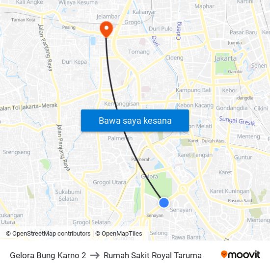 Gelora Bung Karno 2 to Rumah Sakit Royal Taruma map