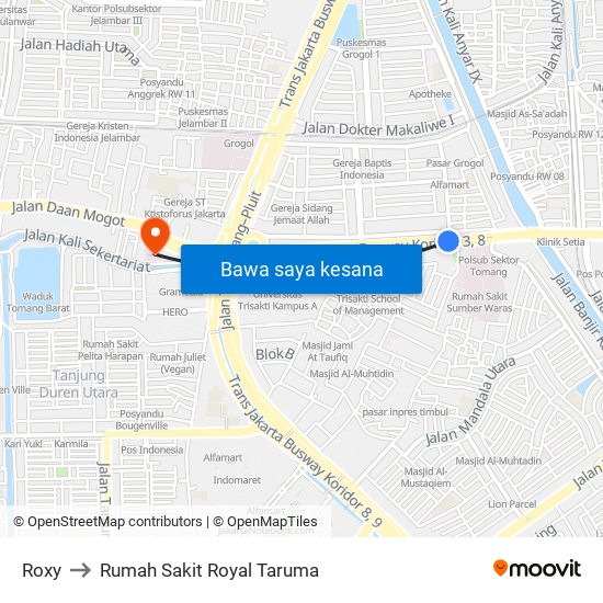 Roxy to Rumah Sakit Royal Taruma map