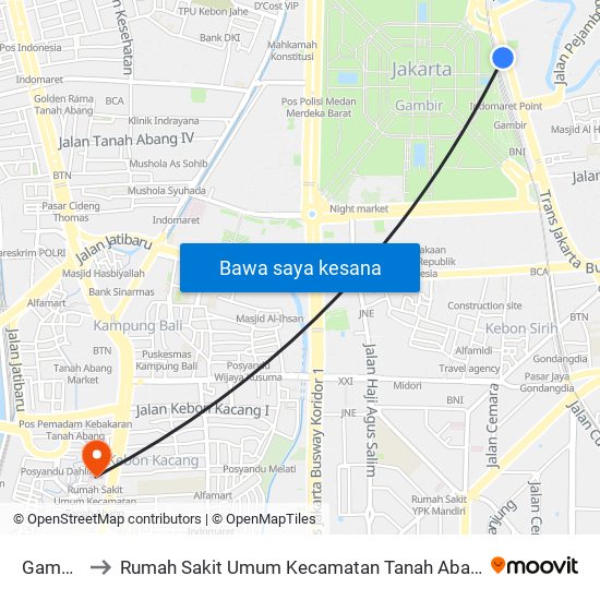 Gambir to Rumah Sakit Umum Kecamatan Tanah Abang map