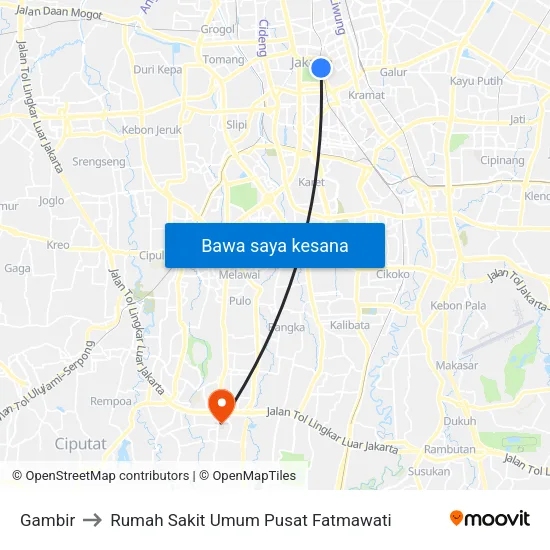 Gambir to Rumah Sakit Umum Pusat Fatmawati map