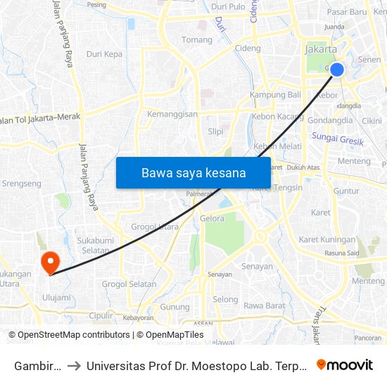 Gambir 2 to Universitas Prof Dr. Moestopo Lab. Terpadu map