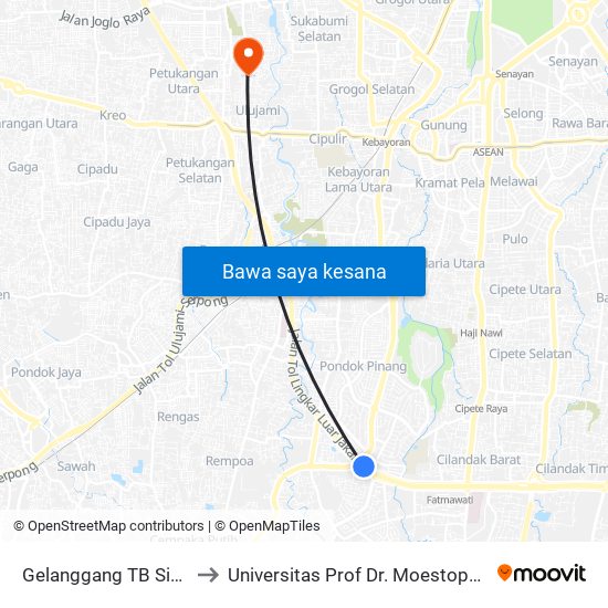 Gelanggang TB Simatupang to Universitas Prof Dr. Moestopo Lab. Terpadu map