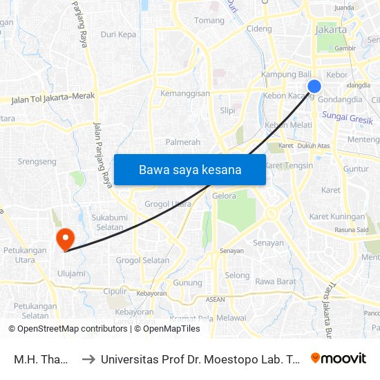 M.H. Thamrin to Universitas Prof Dr. Moestopo Lab. Terpadu map