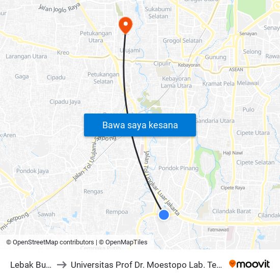 Lebak Bulus to Universitas Prof Dr. Moestopo Lab. Terpadu map