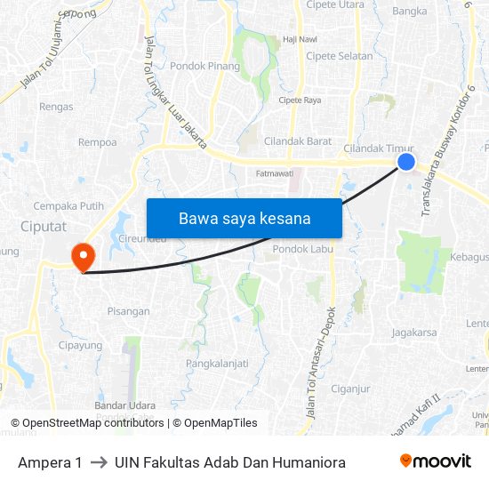 Ampera 1 to UIN Fakultas Adab Dan Humaniora map