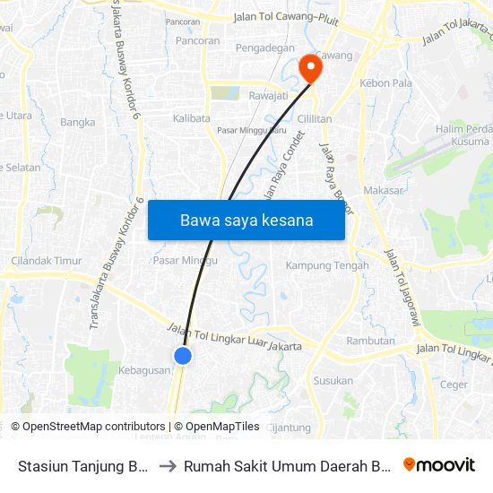 Stasiun Tanjung Barat 2 to Rumah Sakit Umum Daerah Budi Asih map