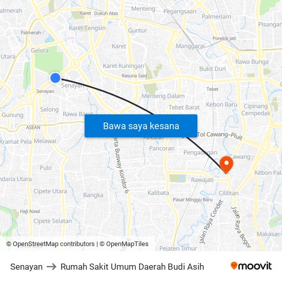 Senayan to Rumah Sakit Umum Daerah Budi Asih map