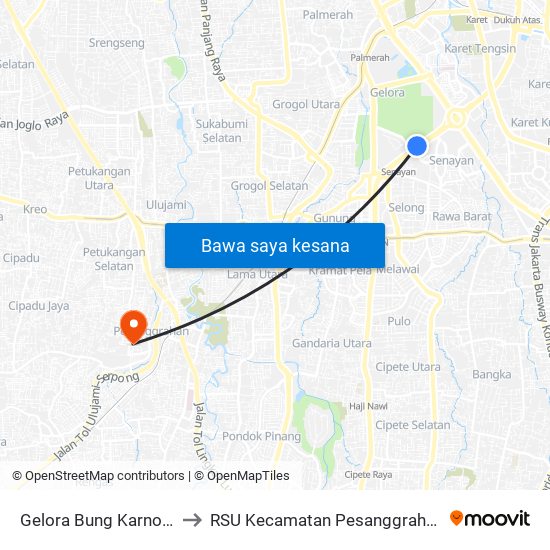 Gelora Bung Karno 2 to RSU Kecamatan Pesanggrahan map